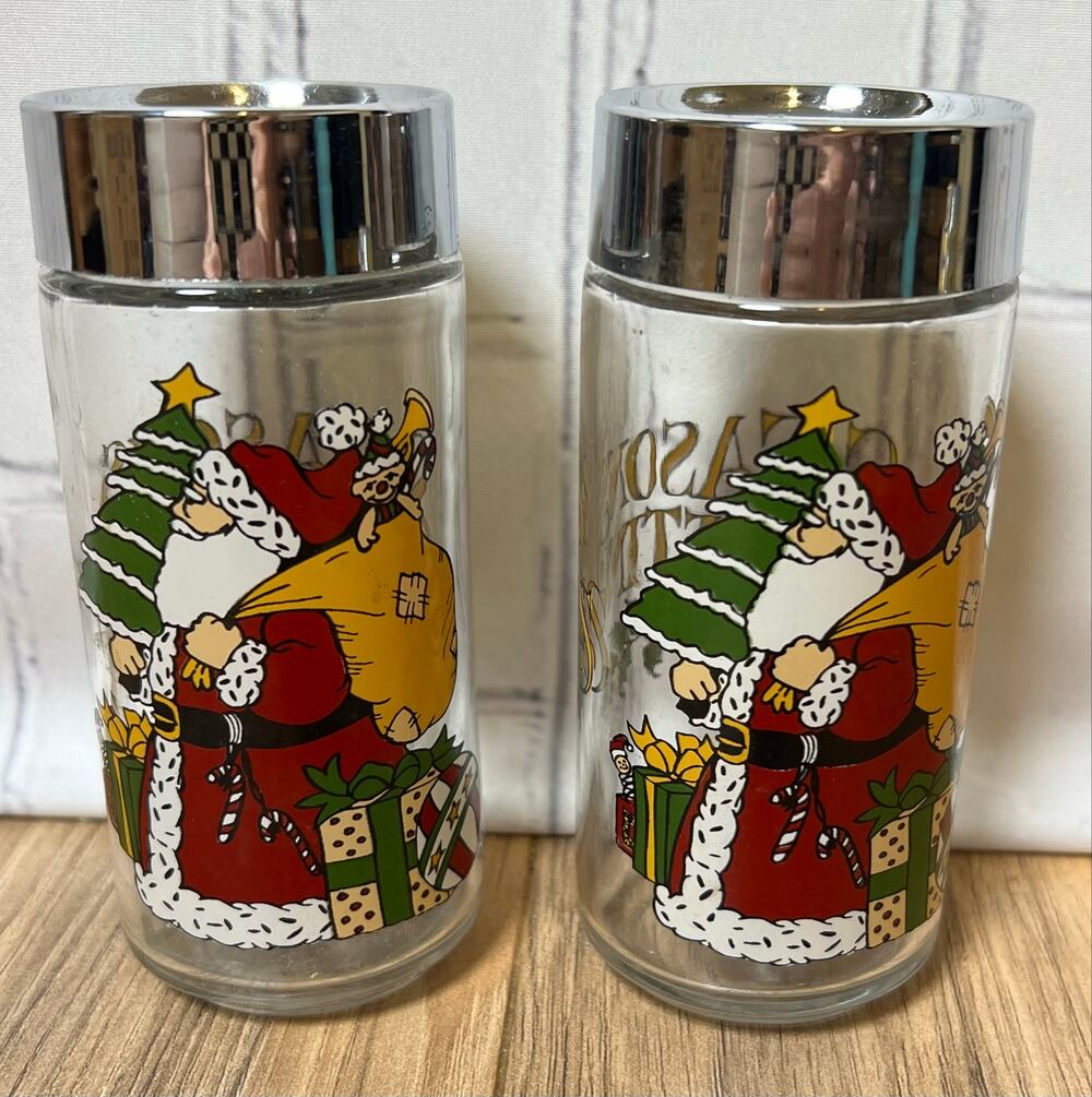 Vintage Christmas Season’s Greetings Santa Glass Salt Pepper Shakers Chrome Tops